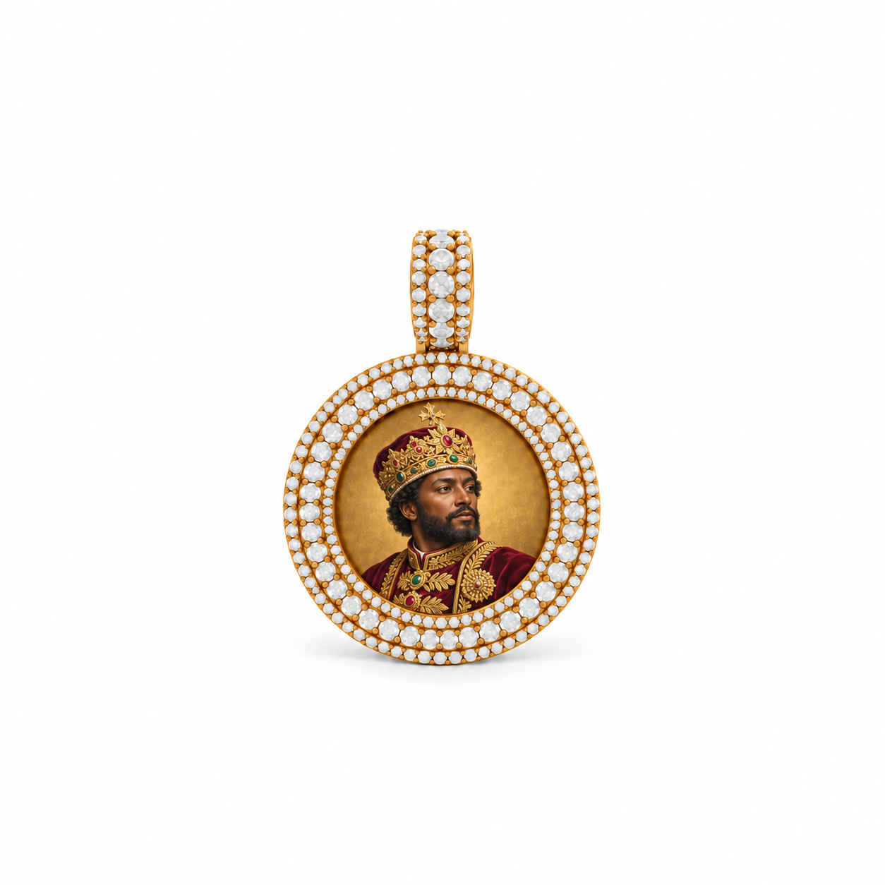 Trifecta Pavé Picture Pendant with a painted portrait of a crowned king