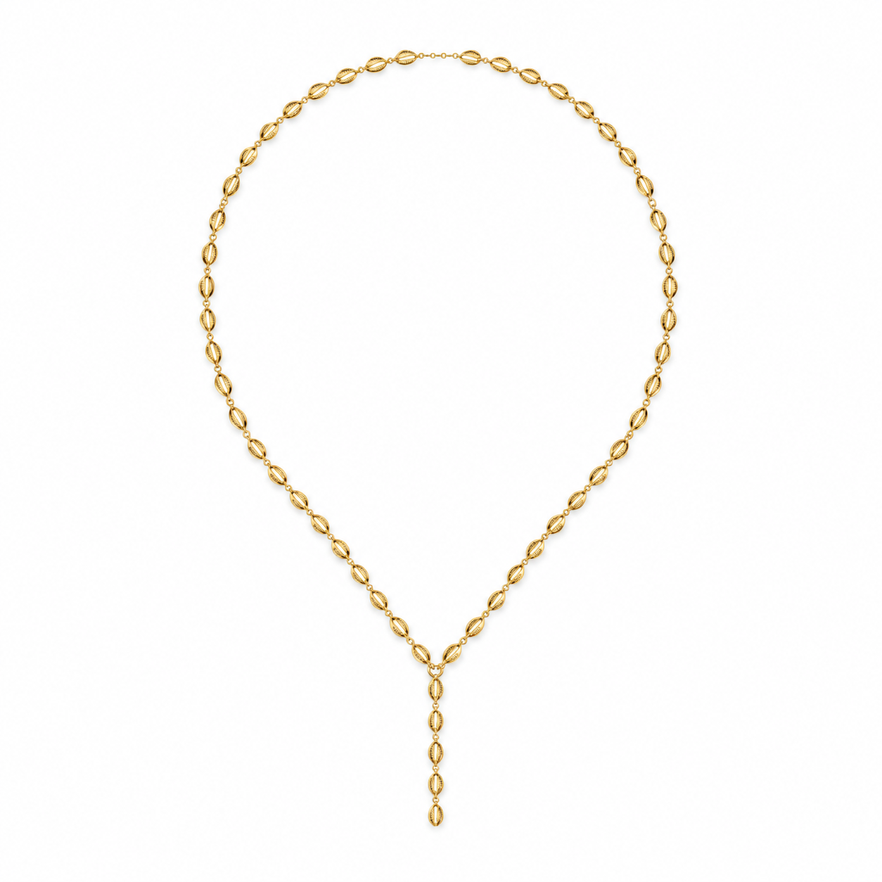 Tidal Cowrie Y Necklace in gold tone, fully laid out from above with its five-link drop