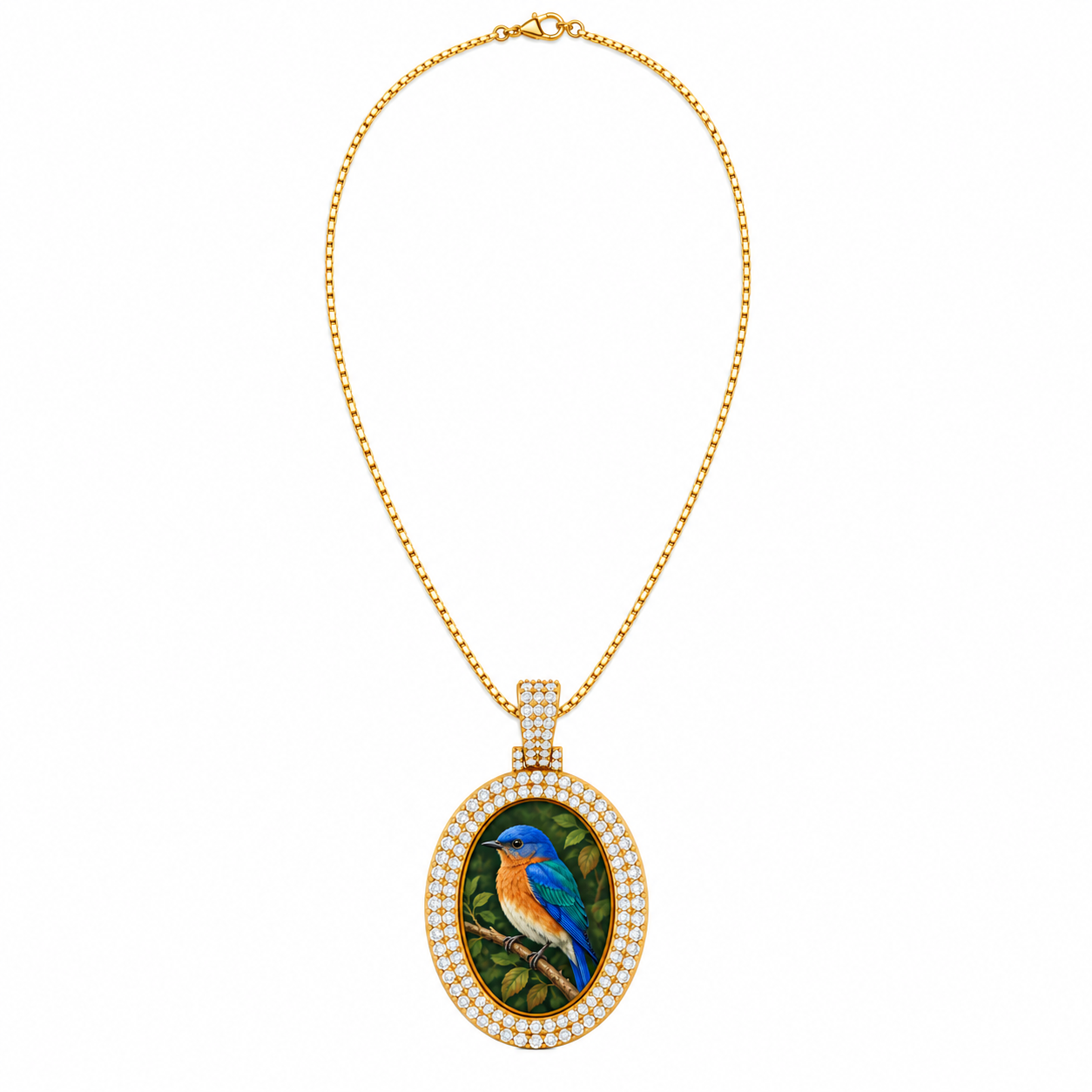 Painted Oval Double Row Pavé Picture Pendant on a fine gold chain