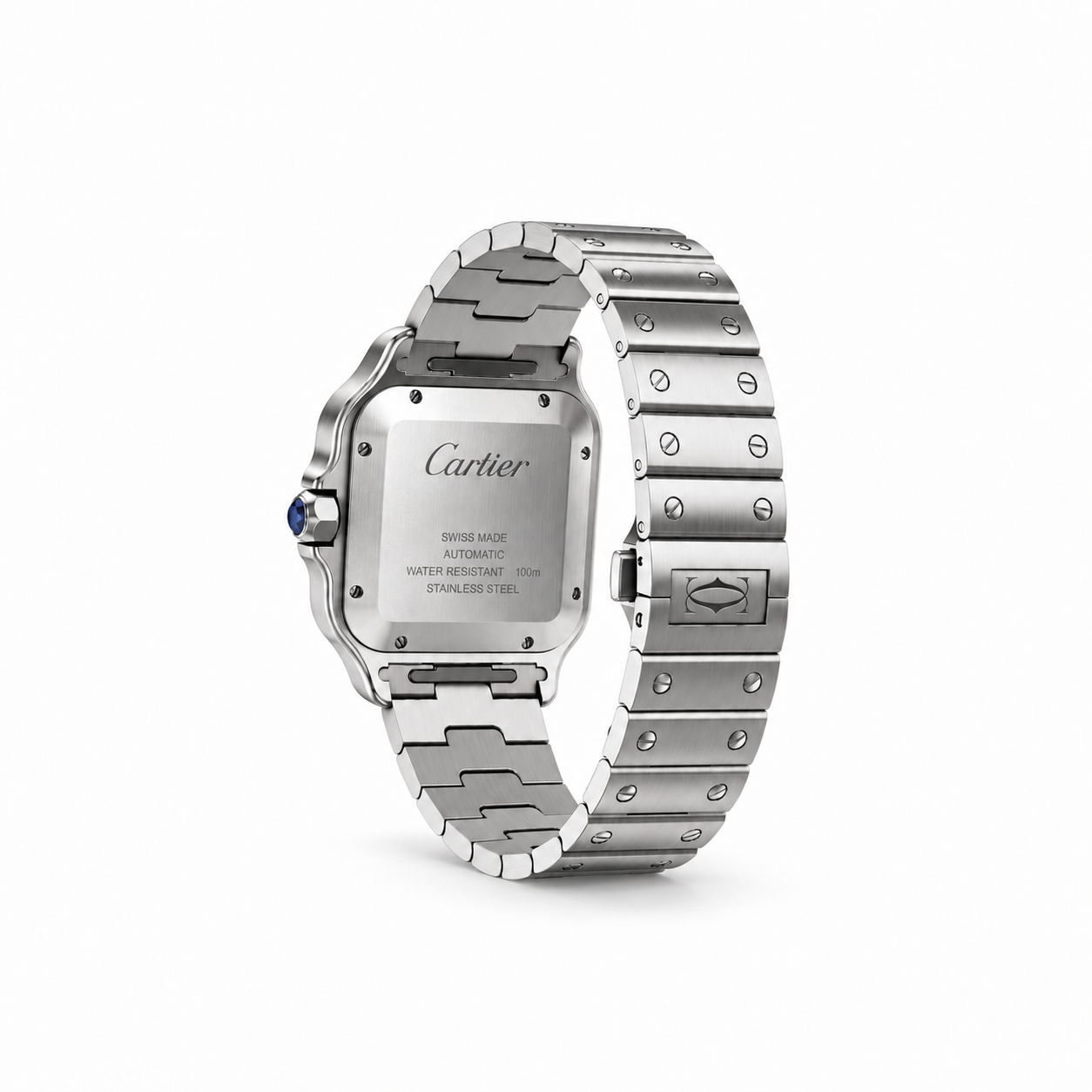 Case back of the Santos de Cartier pavé bezel watch with steel bracelet
