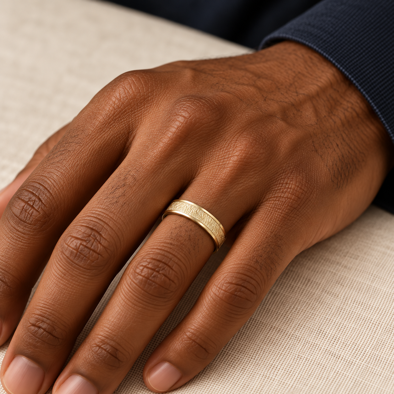 Man wearing the yellow gold Strata Square Band, styling concept