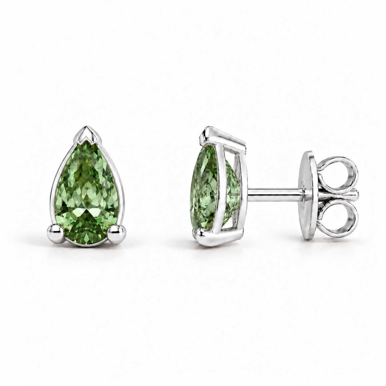 Verdant Goutte pear-shaped green-stone studs in a white-color metal visualization, shown face-on and in side profile.