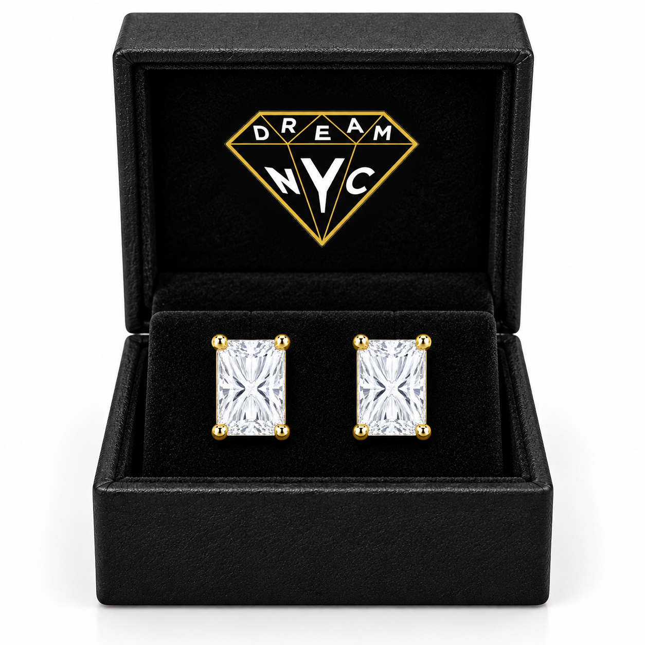 Prism Rectangular Studs in a black DREAM NYC jewelry box with the diamond logo, packaging concept