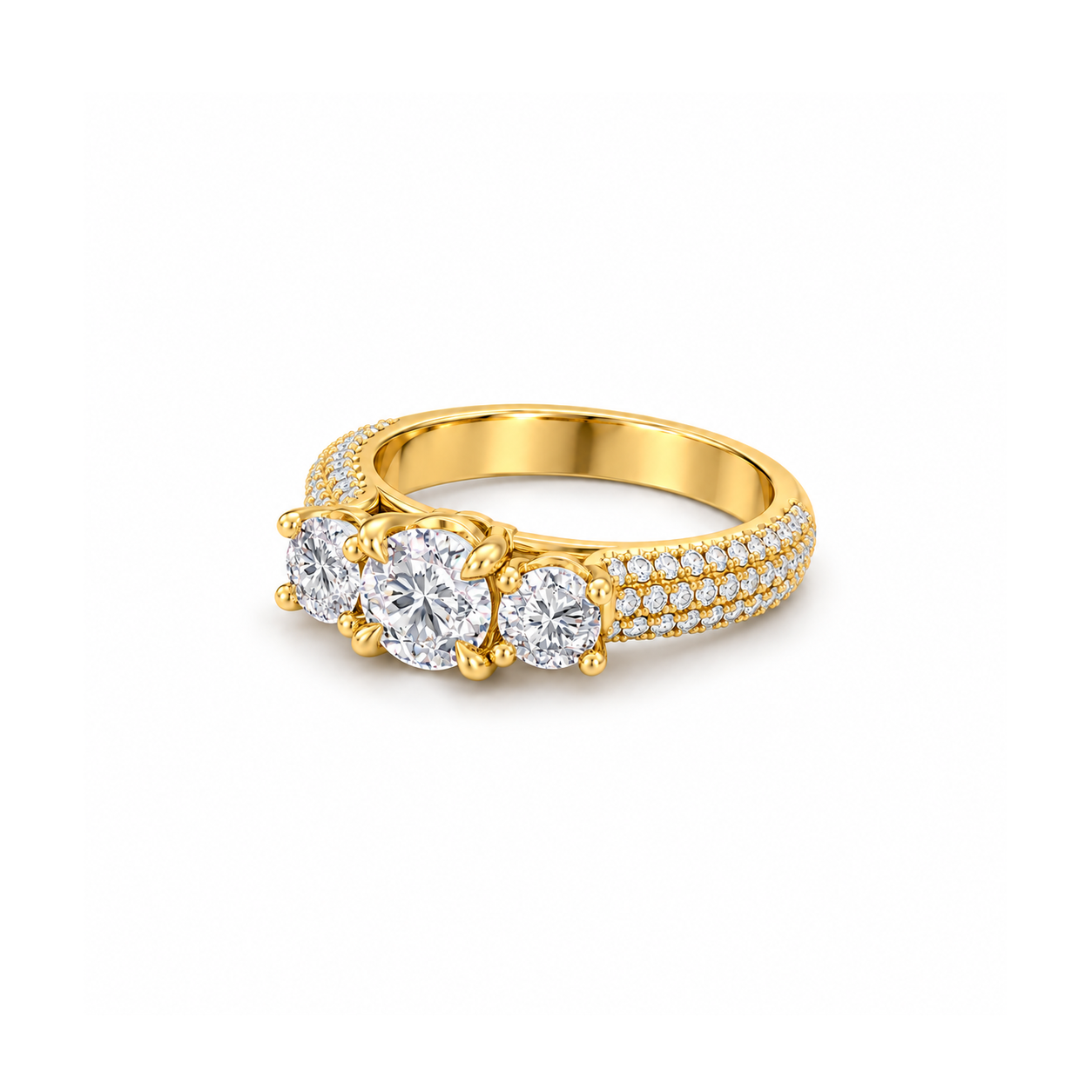 Trilogy Pavé Ring in yellow gold, flat view
