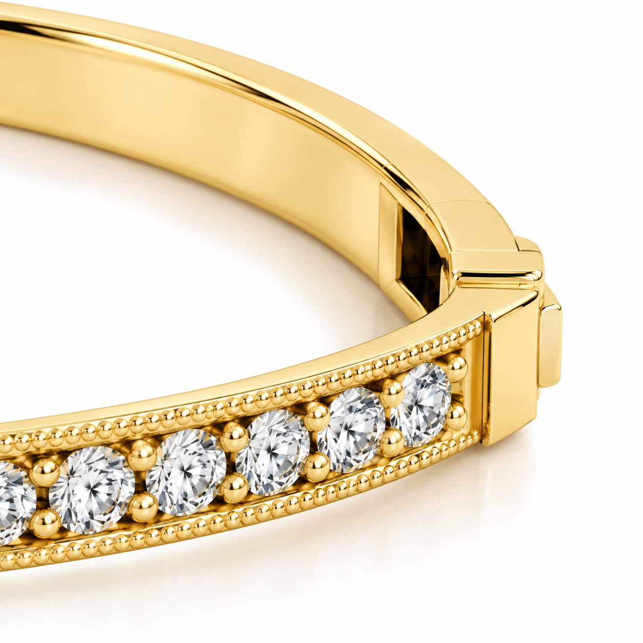 Close-up of the closure of the Milgrain Diamond Bangle in yellow gold.
