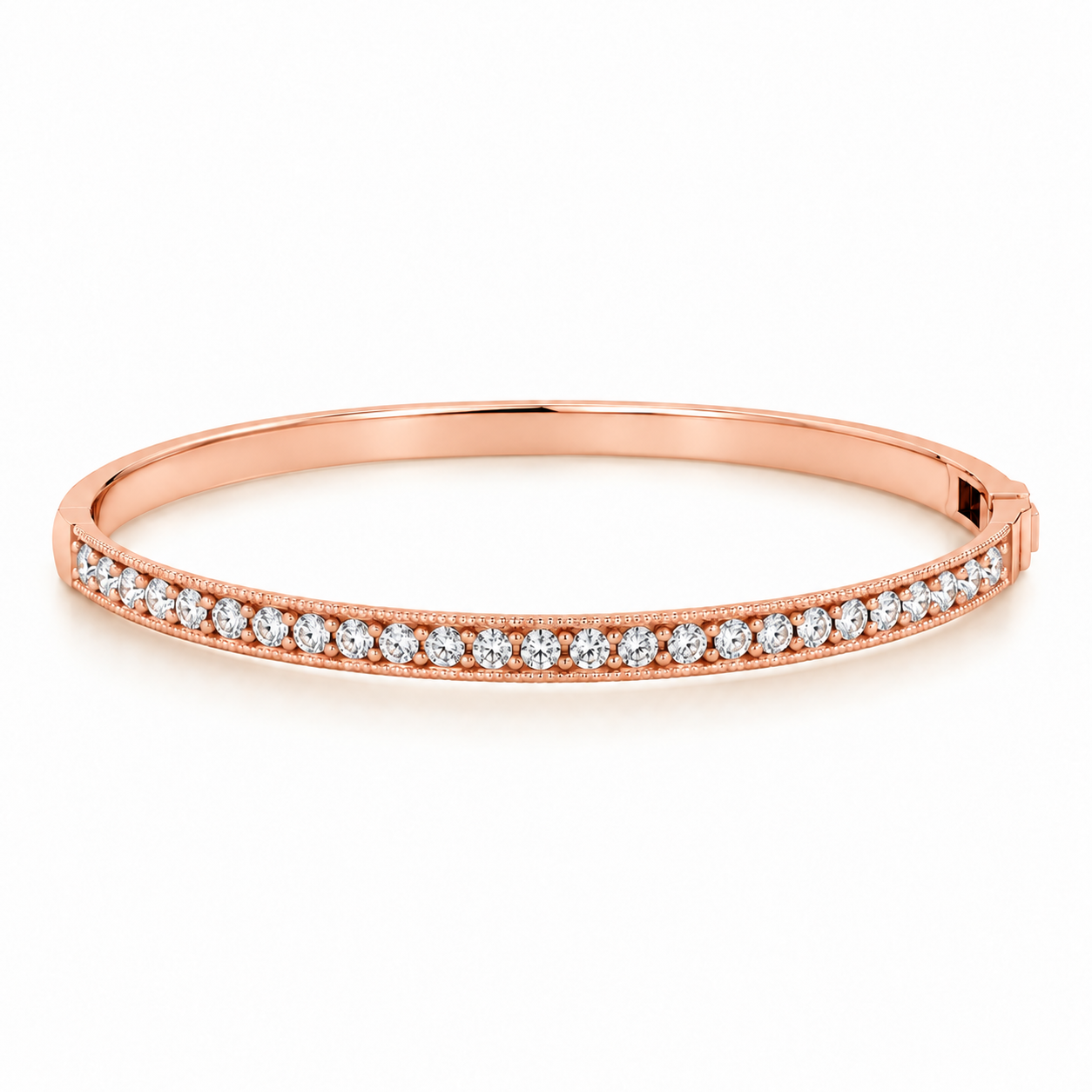 Milgrain Diamond Bangle in rose gold, side view.