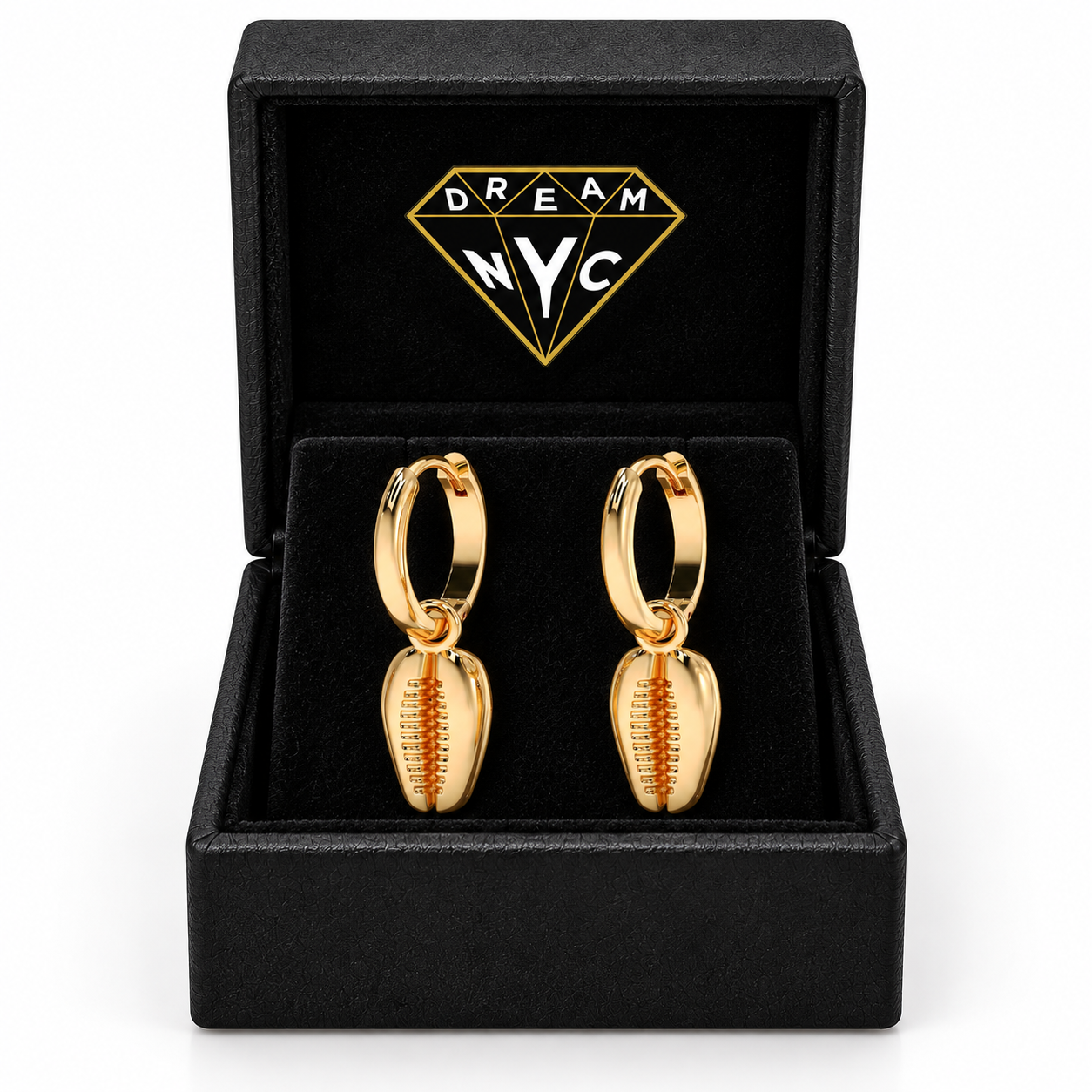 Tide Cowrie Hoops in a black DREAM NYC jewelry box with the diamond logo, packaging concept