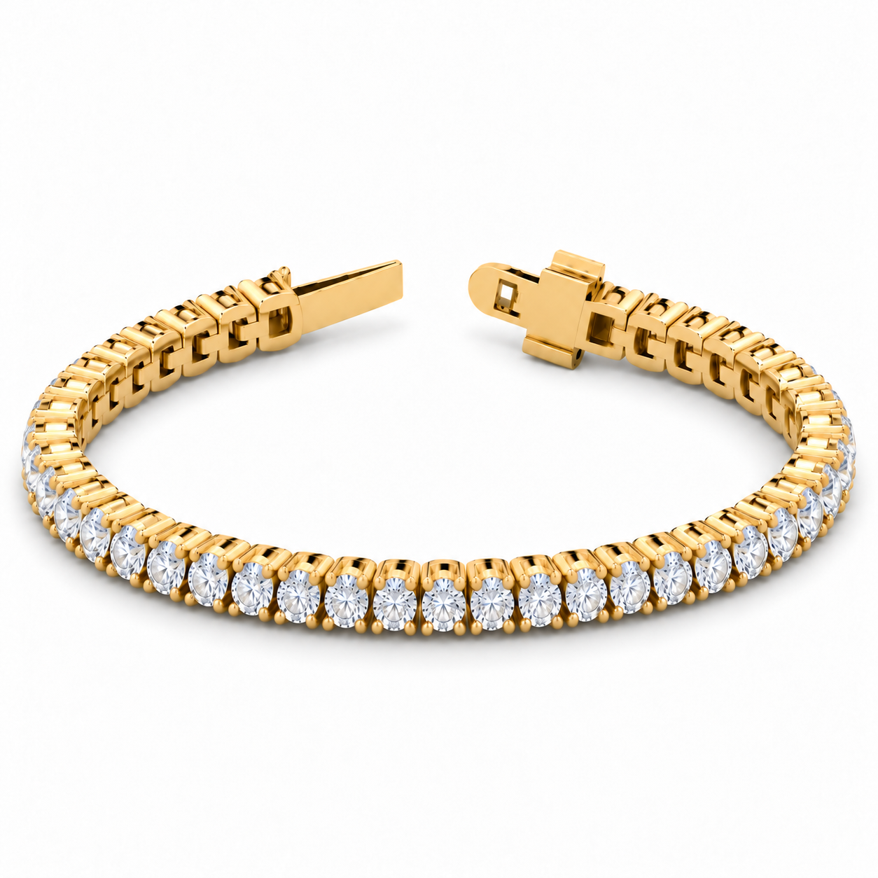 Continuum Tennis Bracelet in yellow gold, viewed from a higher angle.