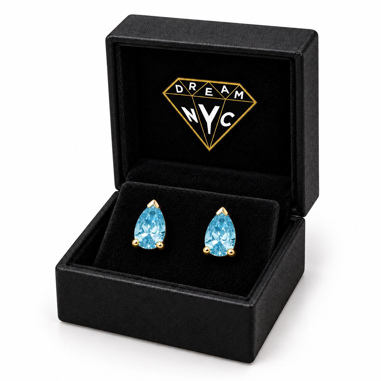 Azure Pear Studs in a black DREAM NYC jewelry box with the diamond logo, packaging concept