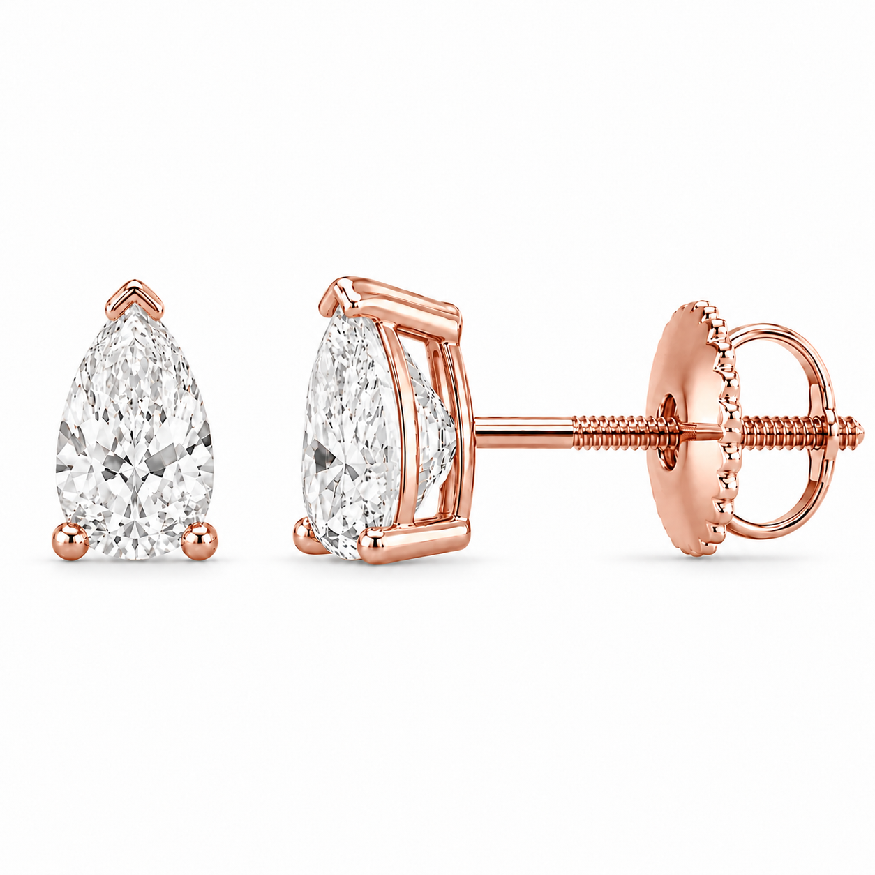 Luma Pear Studs in rose gold, default front and side views