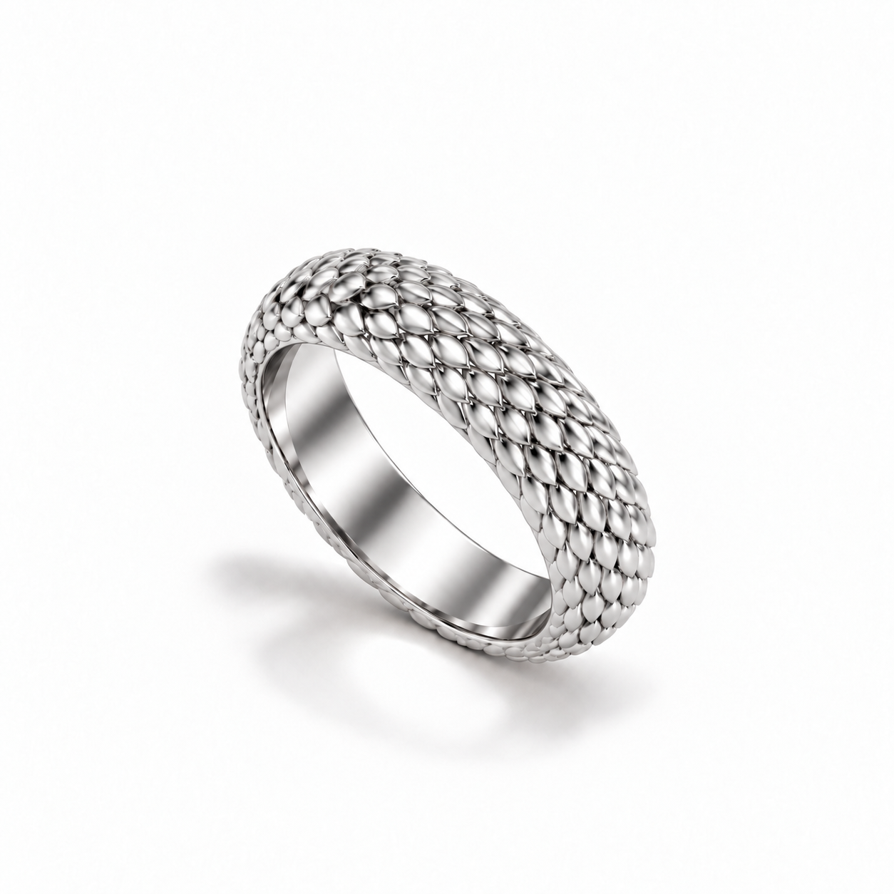 Dragon Scale Band in white gold, standing upright at a three-quarter angle