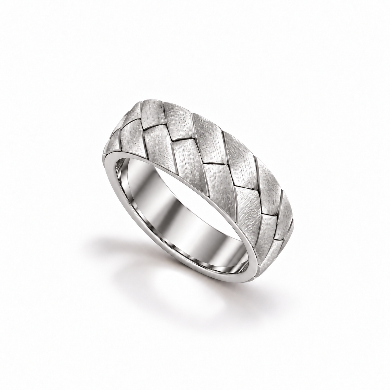 Facet Weave Band in white gold, upright three-quarter view.