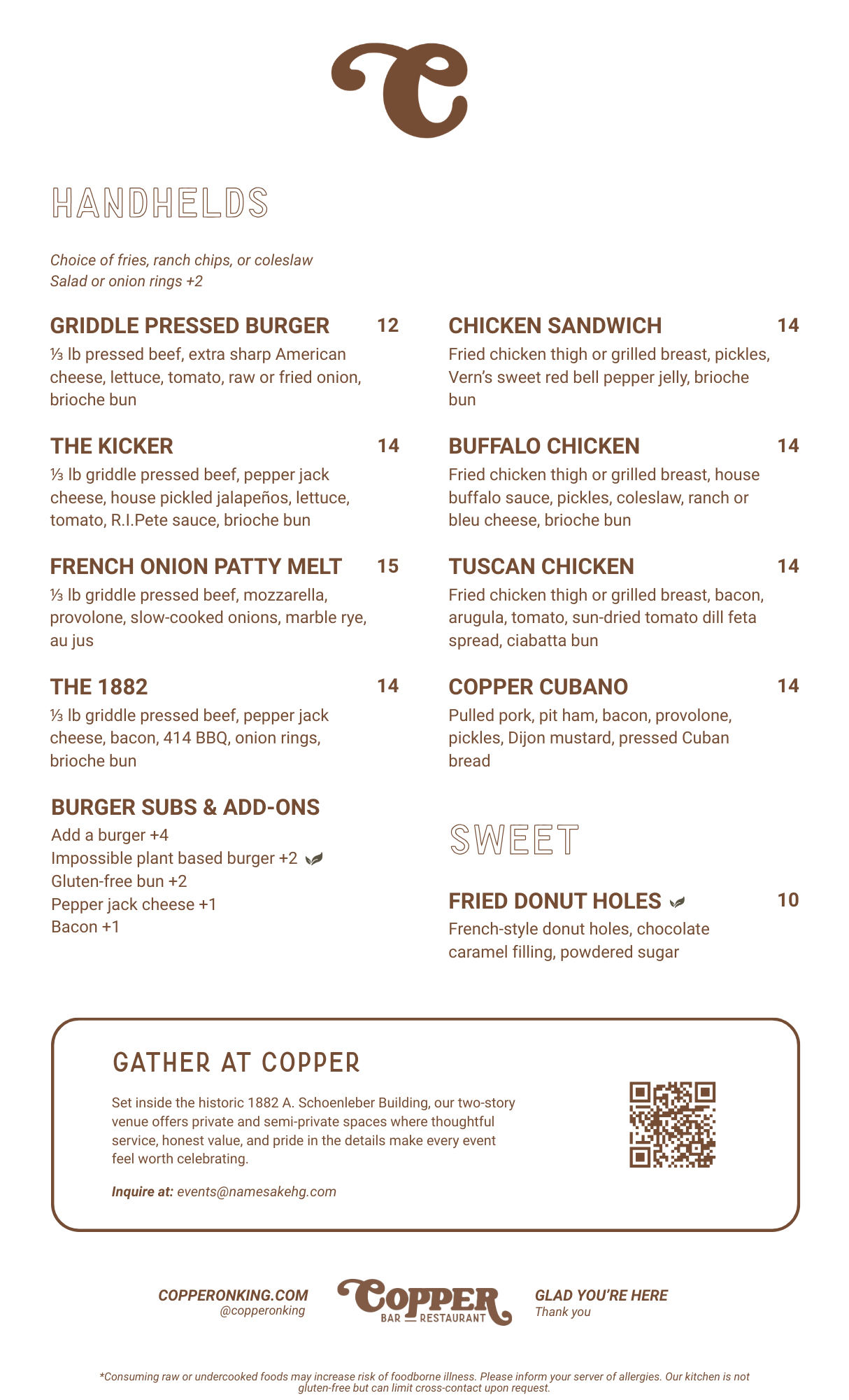 Main food menu for Milwaukee's Copper on King bar and restaurant, back side. Handhelds, burgers and chicken sandwiches, info on private events