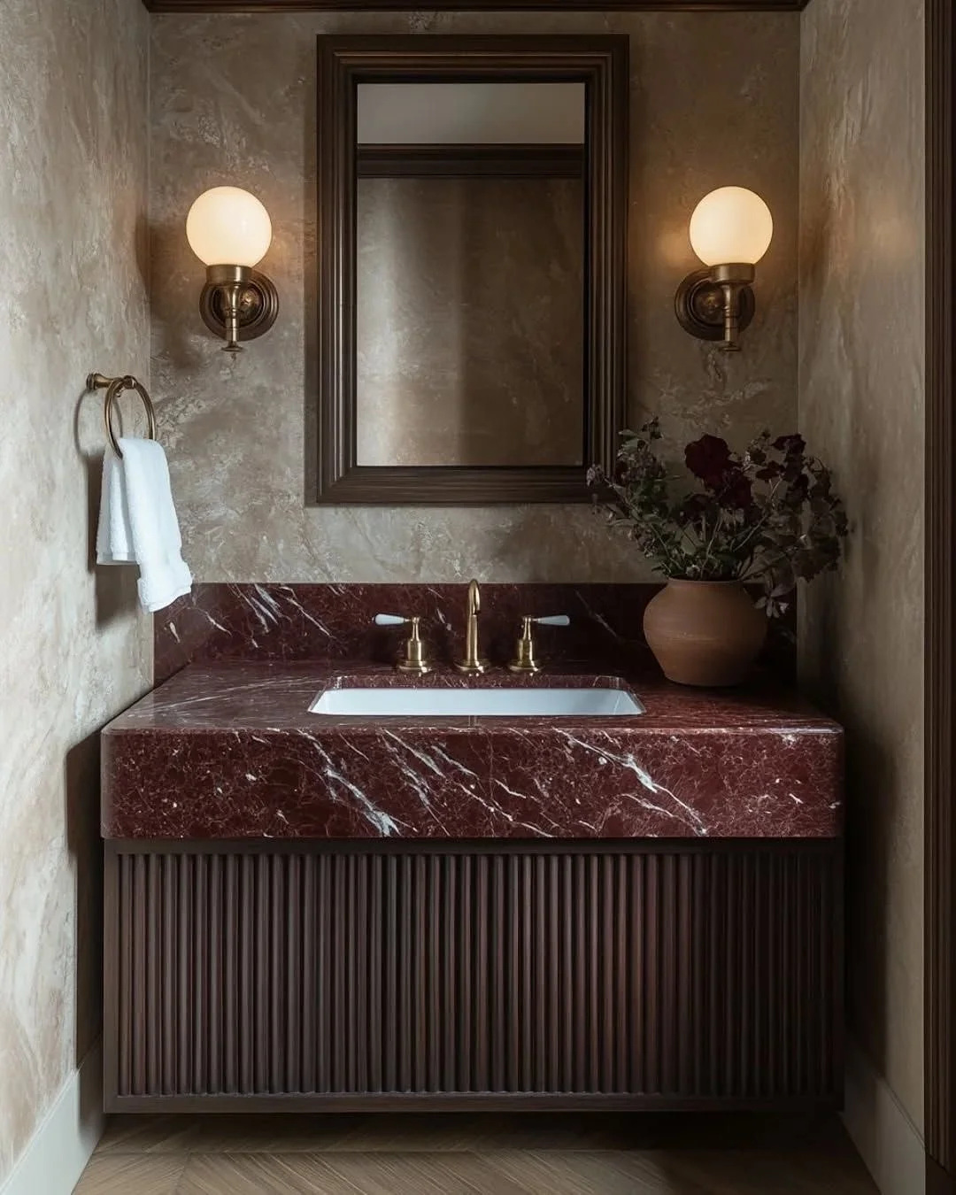 Working on the powder room that is moody and &ldquo;not boring&rdquo; according to my customer&rsquo;s brief. This made me look for non-standard solutions like accents on stone, wallpaper, wall texturing etc. 

I&rsquo;d like to share these fall-insp