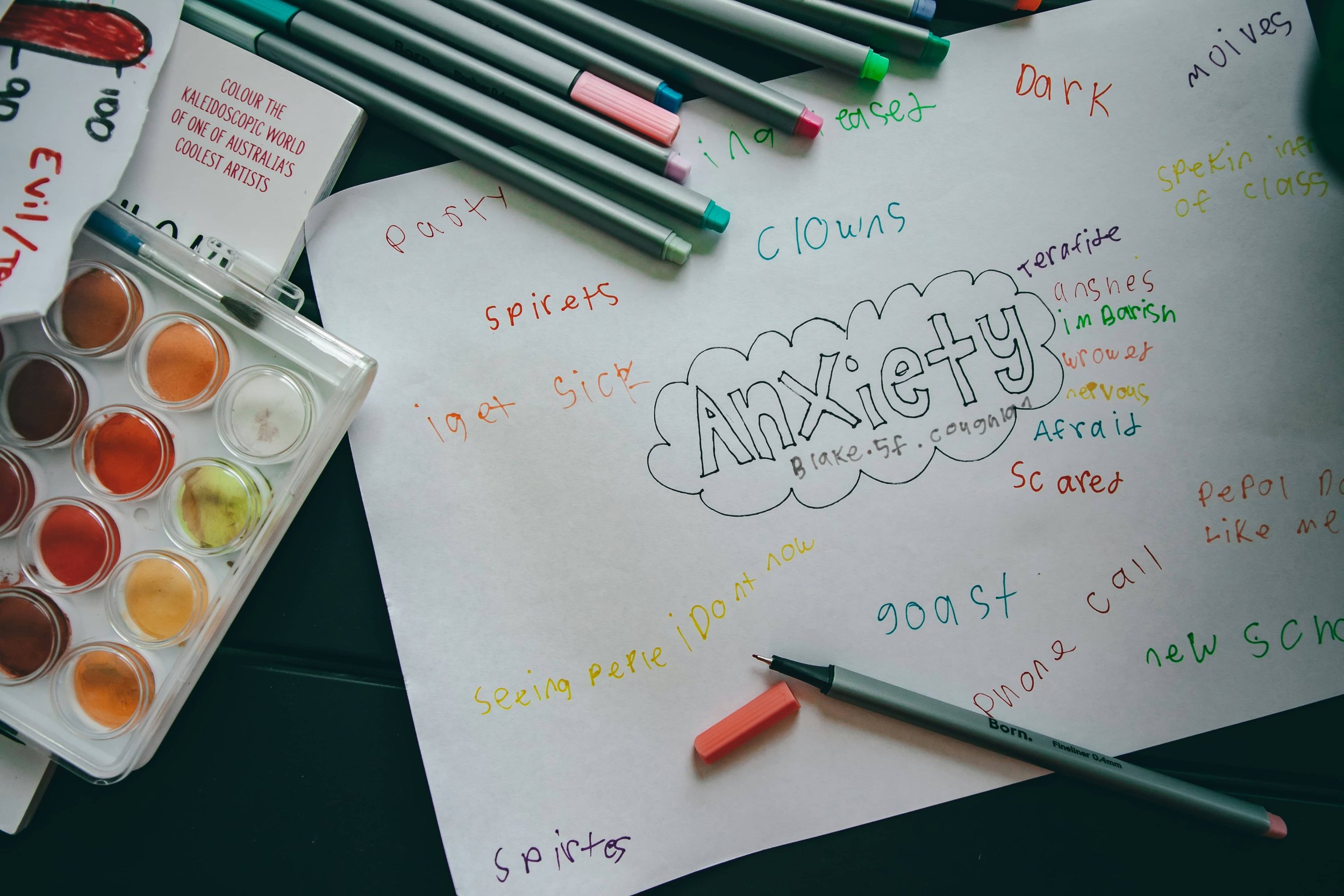 Colorful markers, paint palette, and handwritten emotion words surrounding a large outlined “Anxiety” on paper.