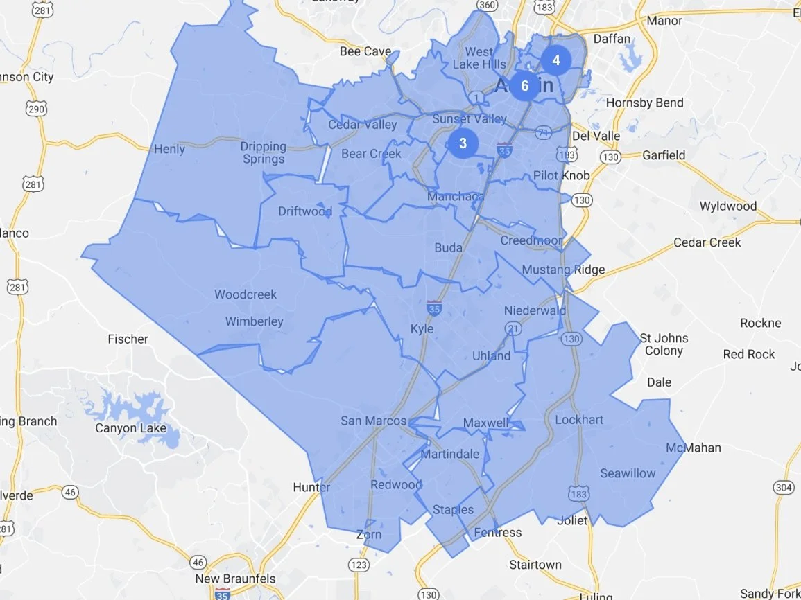 Map highlighting an area in Central Texas, including cities like Austin, San Marcos, and Lockhart, with numbered points indicating locations of interest within the shaded region.