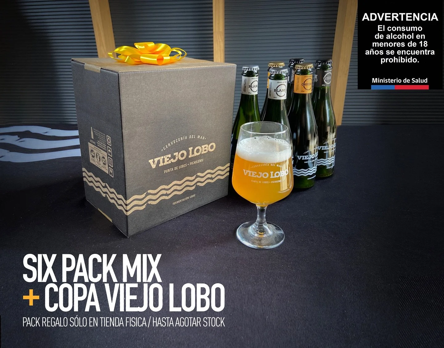 ESTE FIN DE A&Ntilde;O REGALA EL ESP&Iacute;RITU VIEJO LOBO 🌊🍻

Compra este six pack Viejo Lobo + una copa oficial de regalo por s&oacute;lo $28.900.-

Origen, car&aacute;cter y sabor &uacute;nico de Punta de Lobos, Pichilemu en cada botella.

Prom
