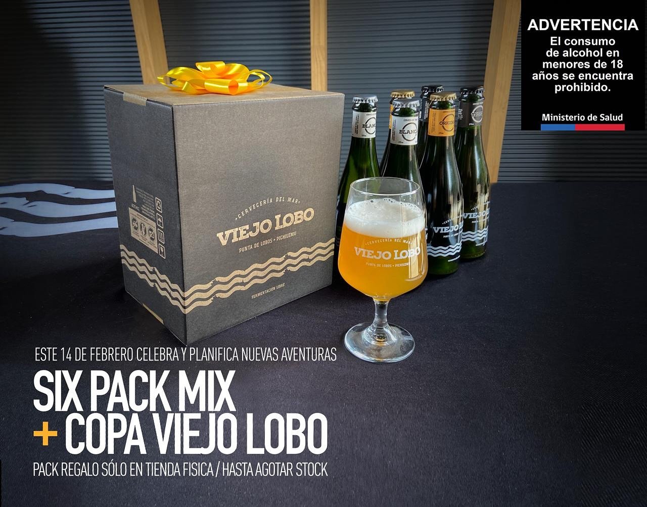 Este 14 de febrero, brinda por lo que viene 🍻

Six Pack Mix Viejo Lobo + copa incluida!

📍 Disponible s&oacute;lo en tienda f&iacute;sica (Punta de Lobos, Pichilemu) 
⏳ Hasta agotar stock

Te esperamos en nuestra Sala de Ventas (waze o Google Maps)