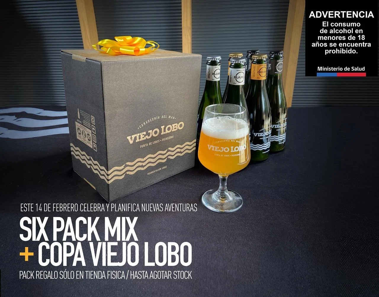 Este 14 de febrero, brinda por lo que viene 🍻

Six Pack Mix Viejo Lobo + copa incluida!

📍 Disponible s&oacute;lo en tienda f&iacute;sica (Punta de Lobos, Pichilemu) 
⏳ Hasta agotar stock

Te esperamos en nuestra Sala de Ventas (waze o Google Maps)