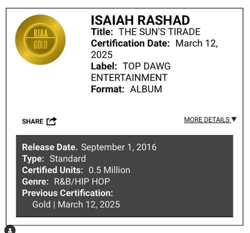 @isaiahrashad 'The Sun's Tirade' just went Gold! 🏆📀

A classic album, honored to have contributed to it. 

'Tity n Dolla' ft @jayrock and @hughaugustinemc produced by me and my brother @crooklin 🔥

Shoutout to @mattmillertde @topdawgent and congra