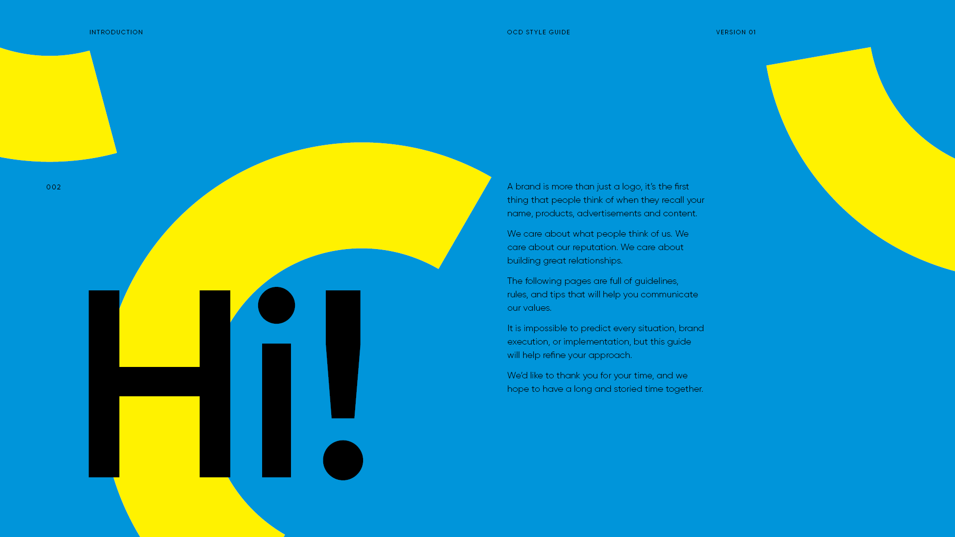 A colorful page with a blue background, large yellow speech bubble shapes, and the word 'Hi!' in bold black letters. There is a block of text on the right explaining brand and communication guidelines.