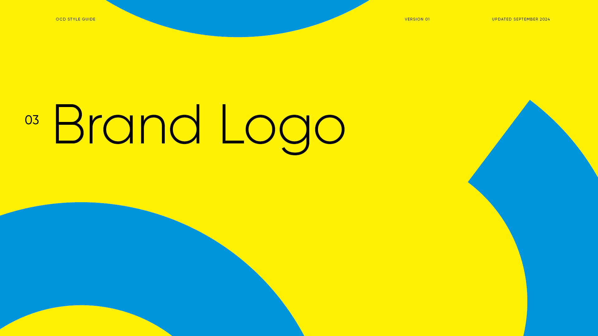Colorful publication cover with yellow background, large blue shapes, and black text that reads "Brand Logo"
