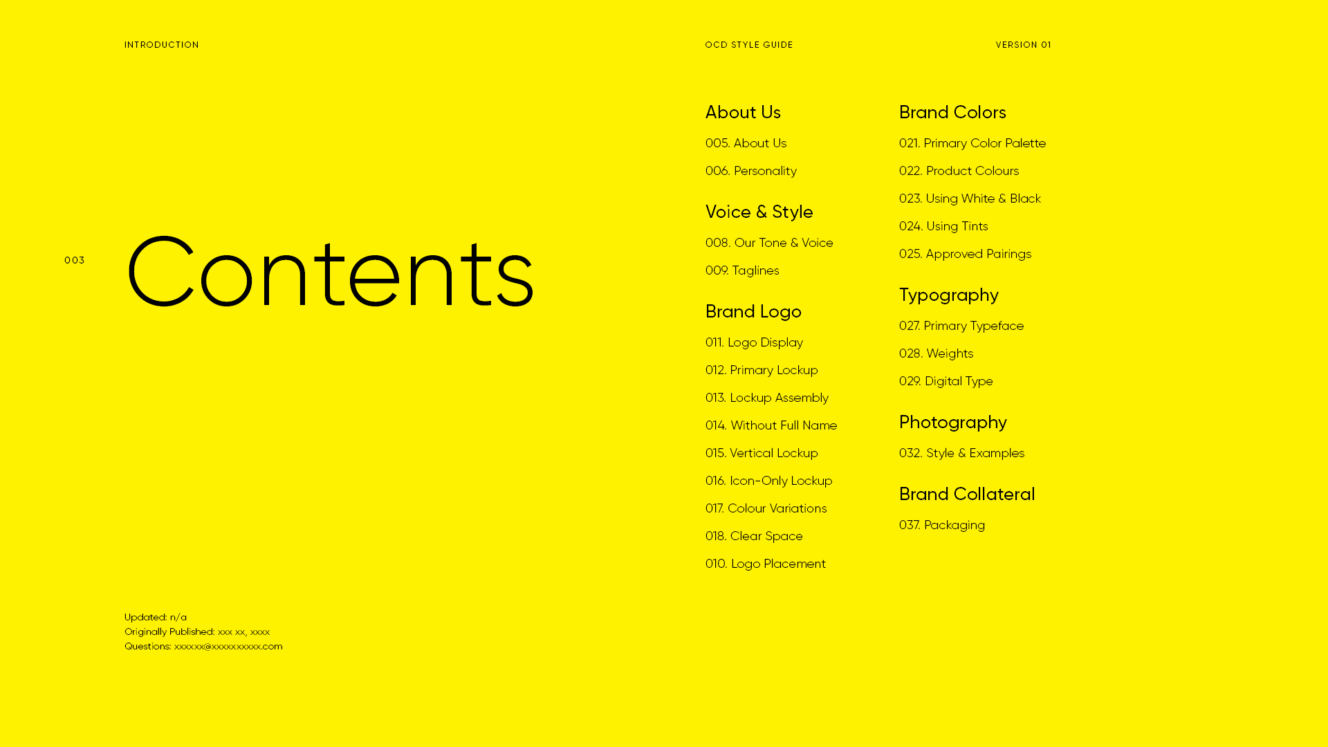 Table of contents page with a bright yellow background, black text, and a large word 'Contents' in the center.