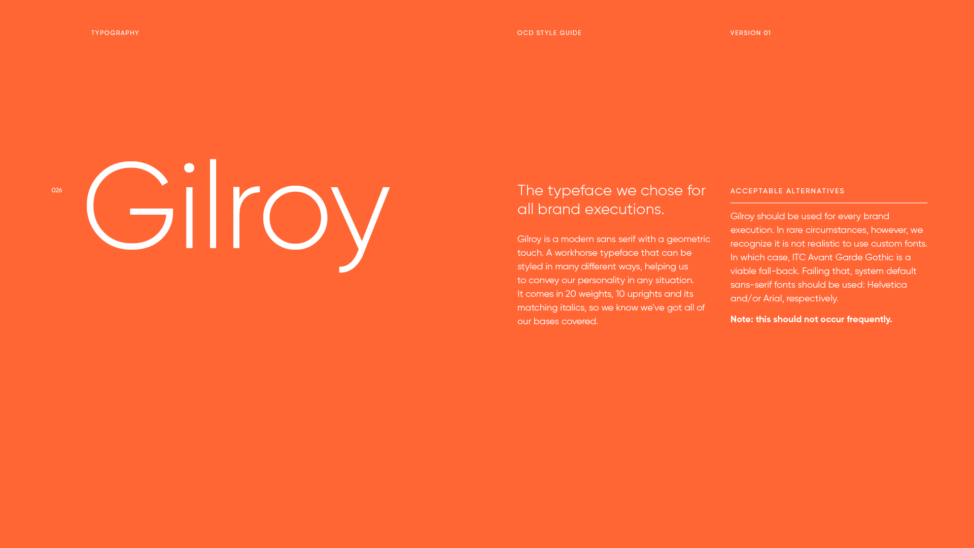 An orange style guide page for the Gilroy sans serif font, with the title 'Gilroy' and text descriptions about its features and acceptable alternatives.