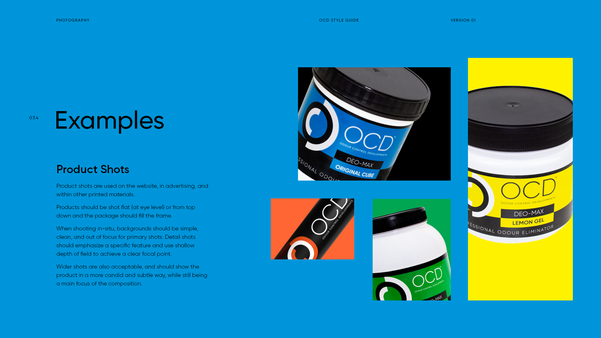 A webpage titled 'Examples' showing product shots of OCD odor control products, including deodorants in blue, black, green, and yellow containers, with instructional text on photography guidelines.