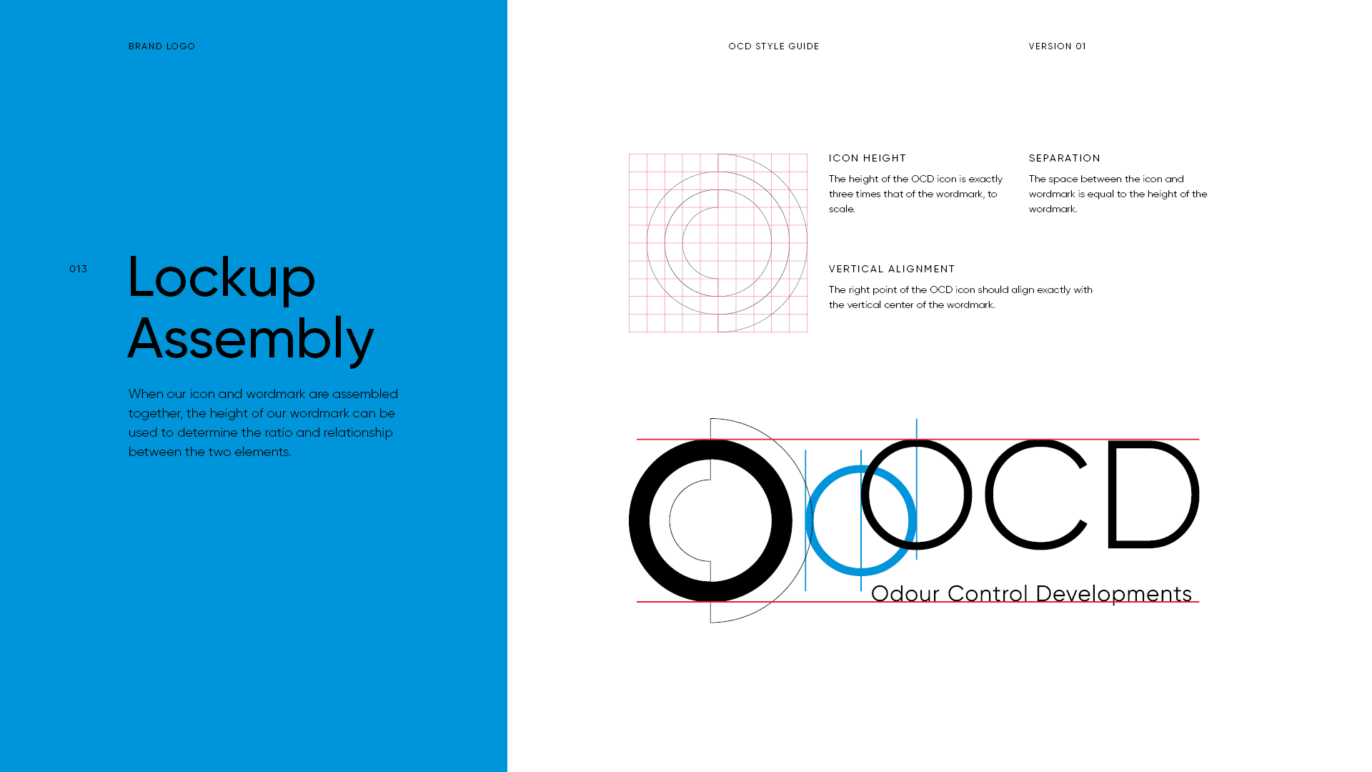 A graphic design style guide page titled 'Lockup Assembly' showing instructions for logo and wordmark alignment. It includes a sections with diagrams and text about icon height, separation, and vertical alignment, and features the logo 'OCD' with the