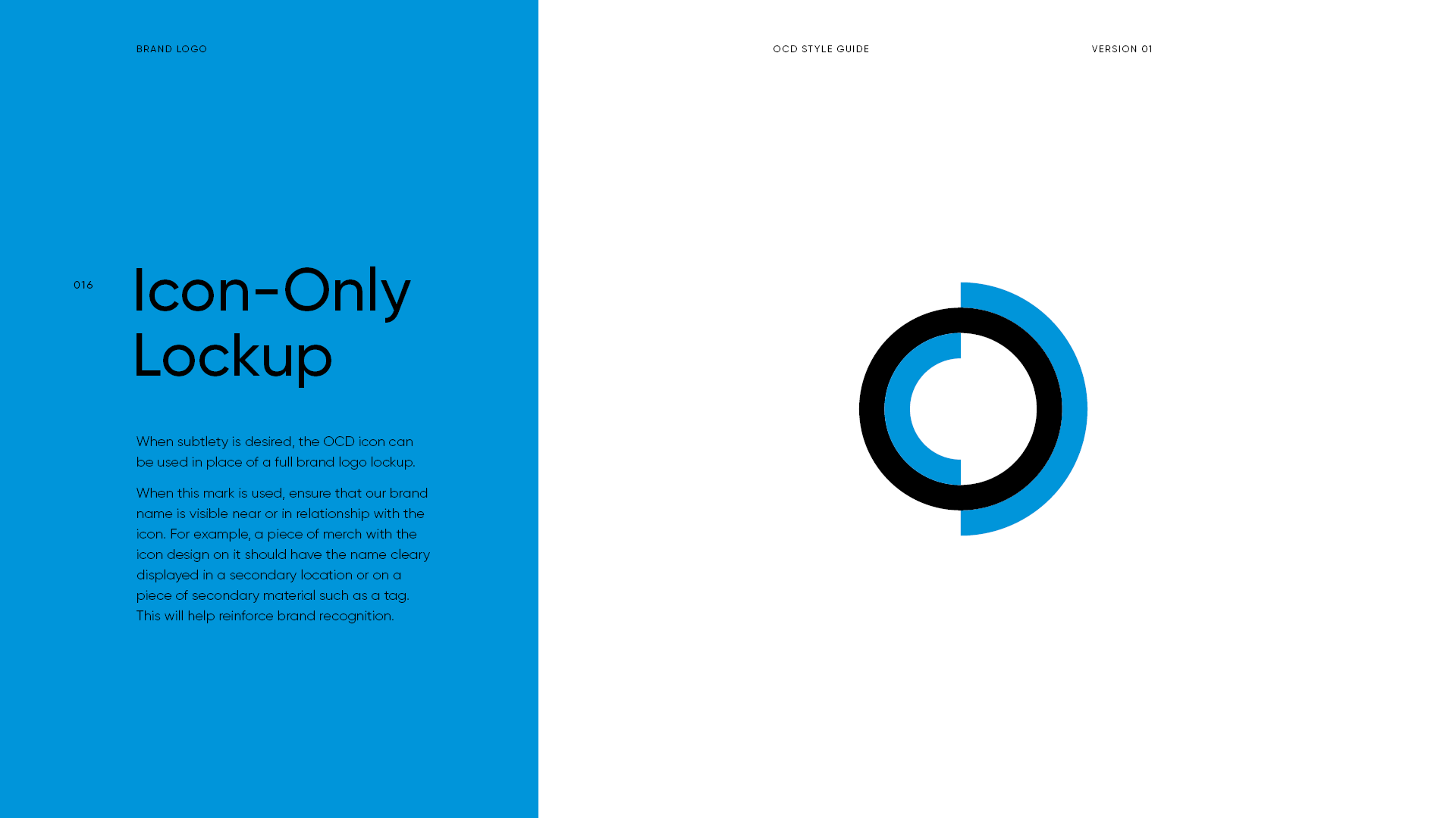 Page from an OCD style guide featuring a blue section with large title 'Icon-Only Lockup' and descriptive text, and a right side showing a circular icon with black outline and blue fill.