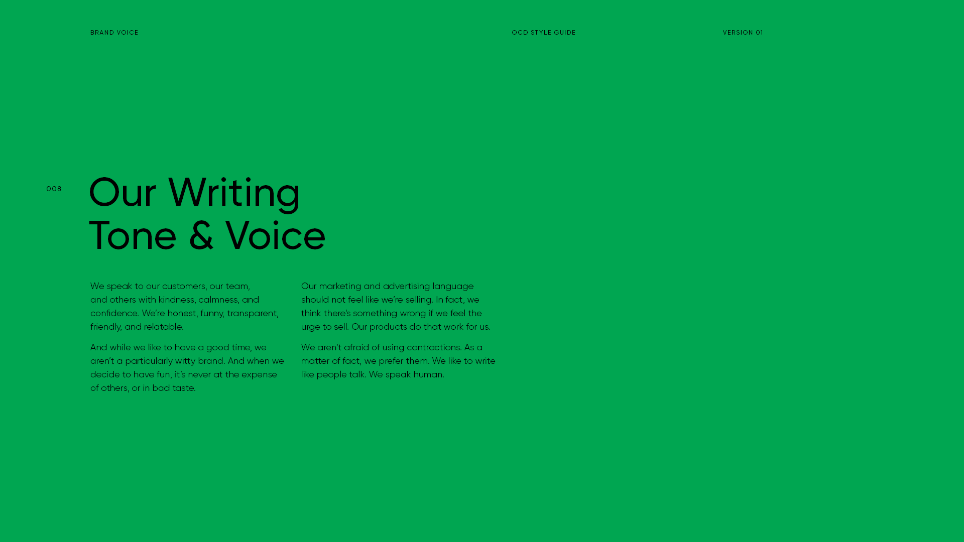 Green webpage with black and green text titled "Our Writing Tone & Voice" discussing communication style and brand tone.