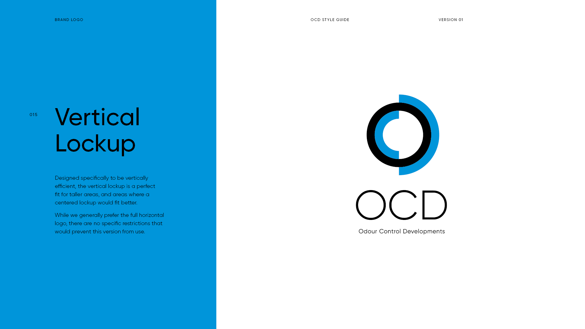 Page of a style guide titled 'OCD Style Guide Version 01' with a large blue section on the left containing text about vertical lockup and a white section on the right displaying a black and blue circular logo with the letters 'OCD' and the words 'Odo