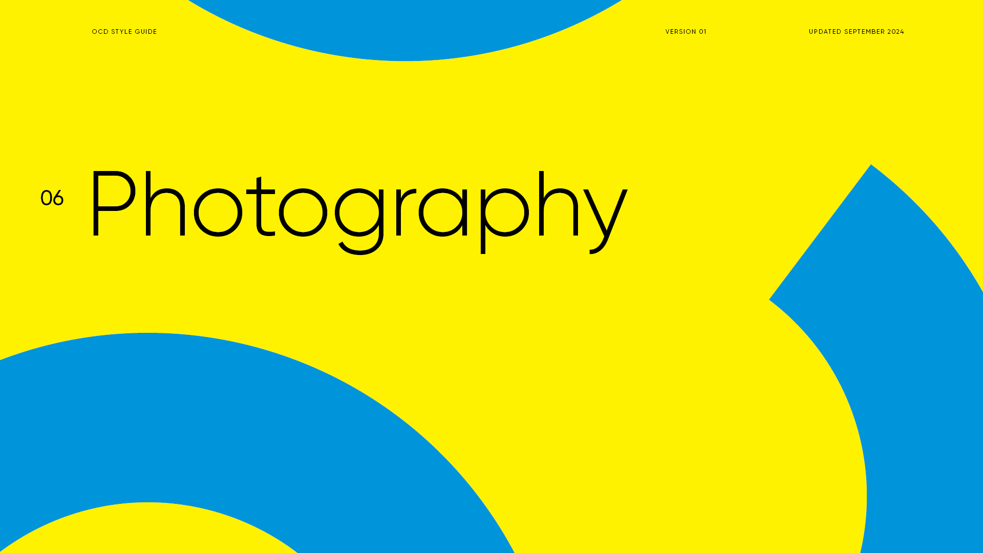 Cover page of a style guide with a bright yellow background, blue geometric shapes, and black text reading "Photography" and smaller texts indicating version and update information.
