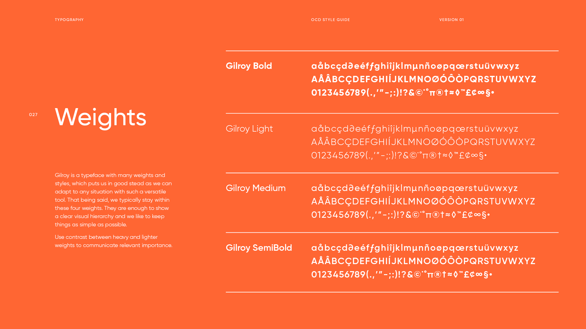 A style guide page for the typeface Gilroy, showing different weights including Gilroy Bold, Light, Medium, and SemiBold, with sample text and character sets, on an orange background.