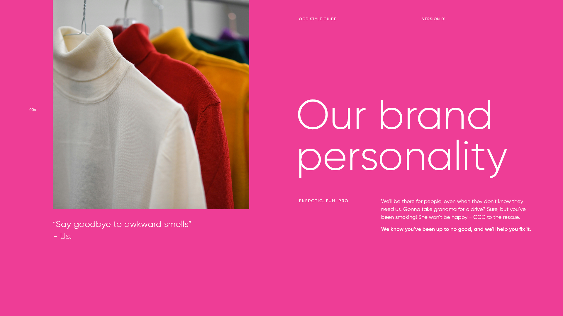 A website page with a pink background, featuring a large title that says 'Our brand personality' and an image of four colorful turtleneck sweaters, white, red, yellow, and green, hanging on a rack.