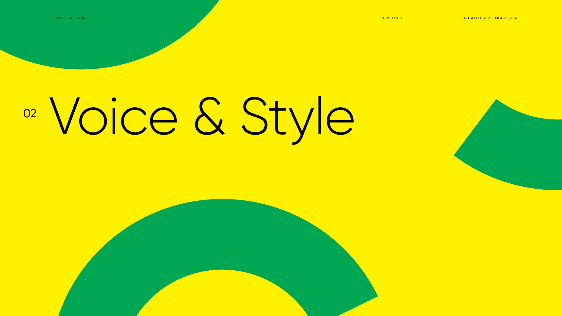 Cover page of a style guide titled "Voice & Style" with a yellow background, large black text, and green abstract shapes.