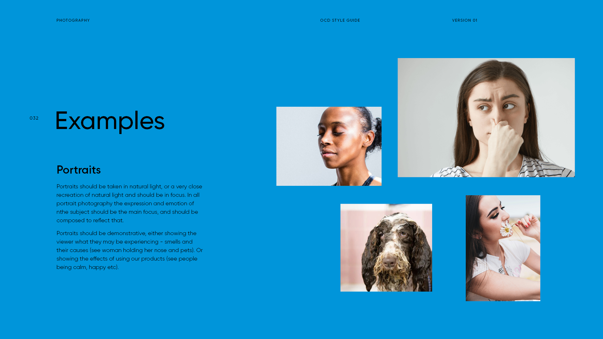 A blue page from an OCR style guide with examples of portrait photography, showing four portraits of women and a dog, and descriptive text about portrait photography.