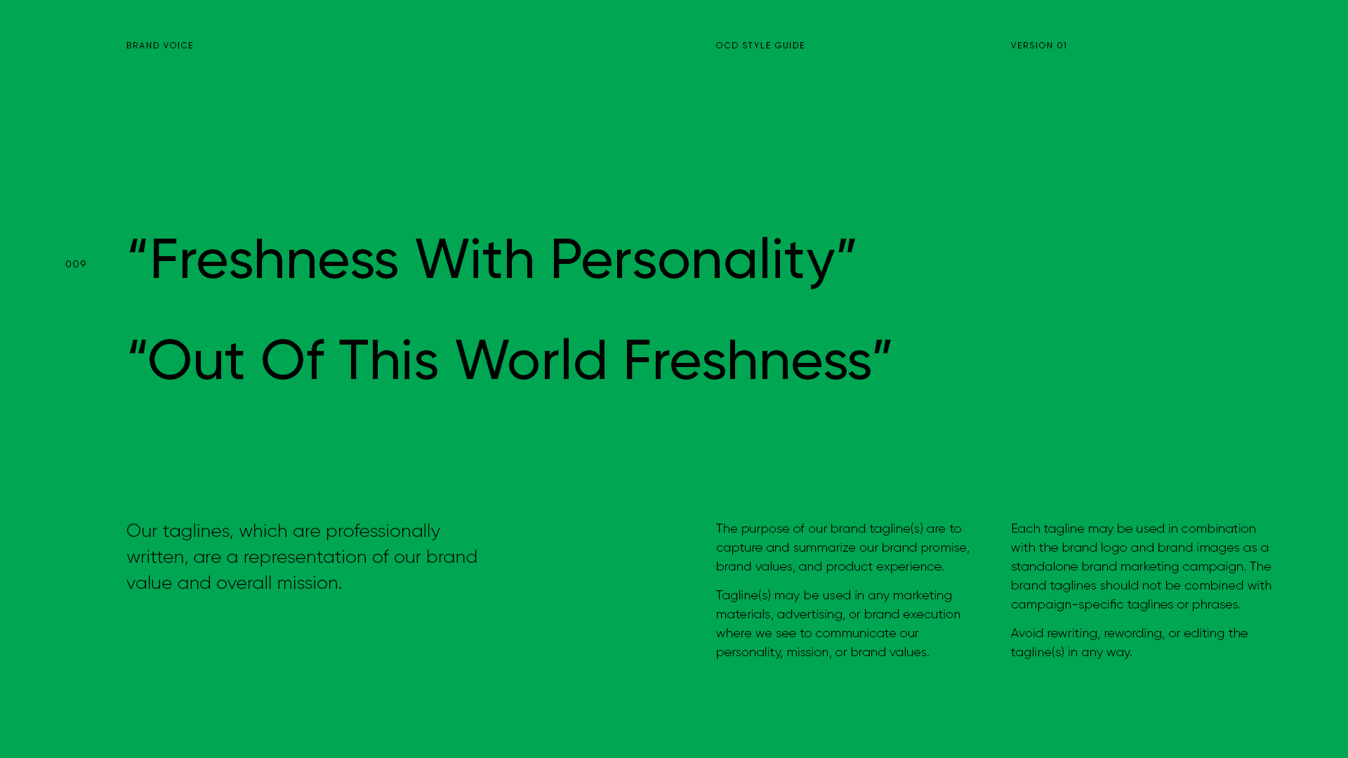 A green marketing style guide page with black text, featuring quotes about freshness and personality, and paragraphs explaining brand tagline guidelines.