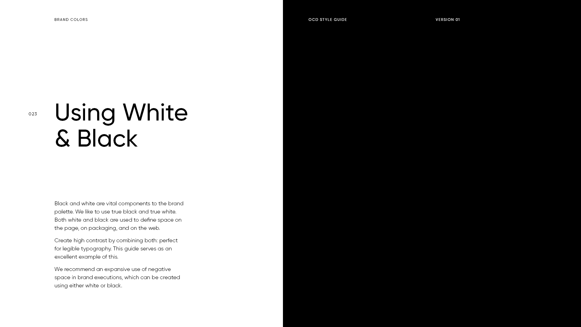 The image shows a two-page document or book spread discussing the use of black and white in branding. The left page has a white background with black text, titled "Using White & Black," explaining the importance of black and white in design. The righ