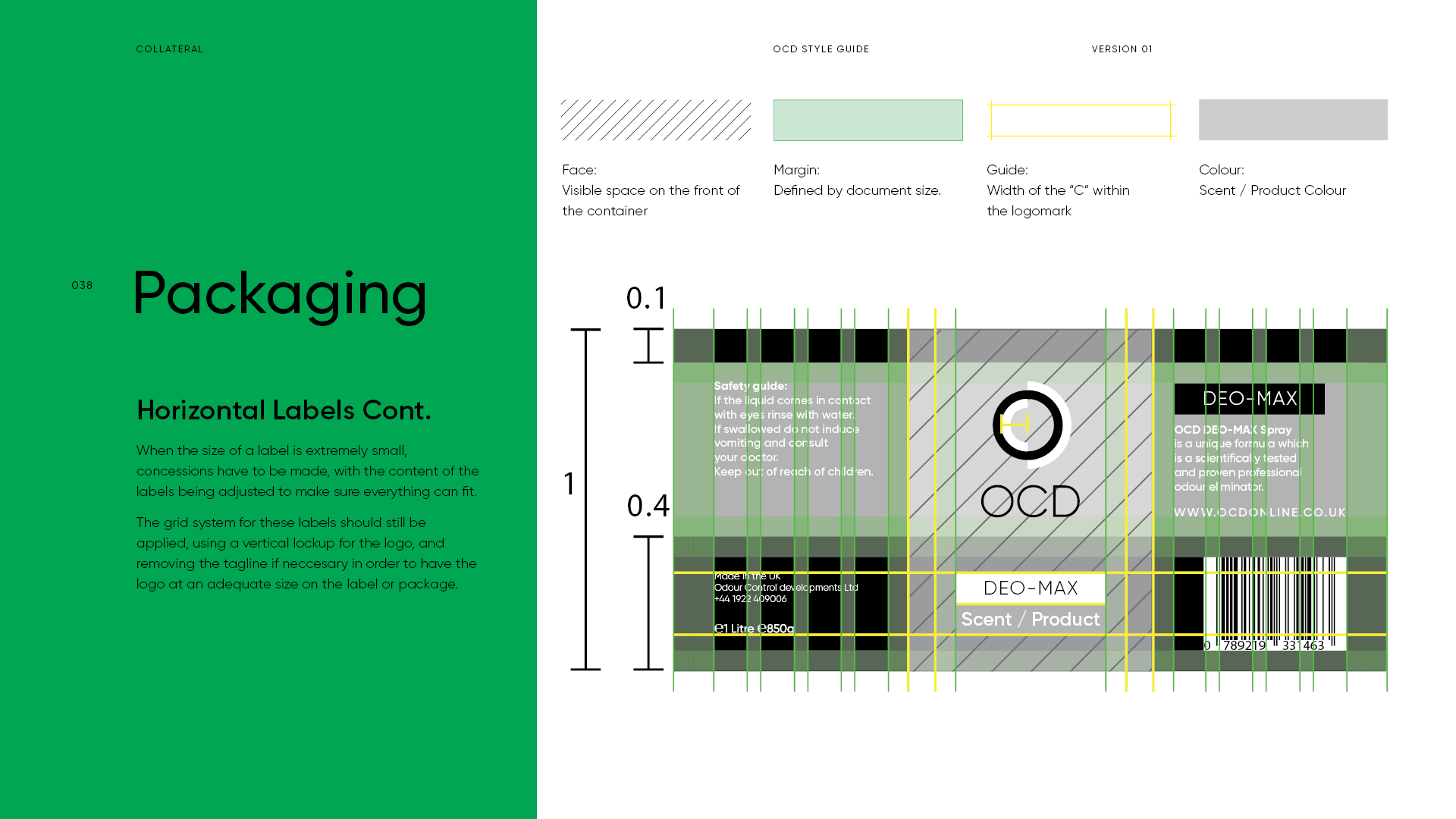A page from a packaging style guide showing a detailed layout for a rectangular label with OCR text, barcode, and branding elements, including green, black, and white colors.