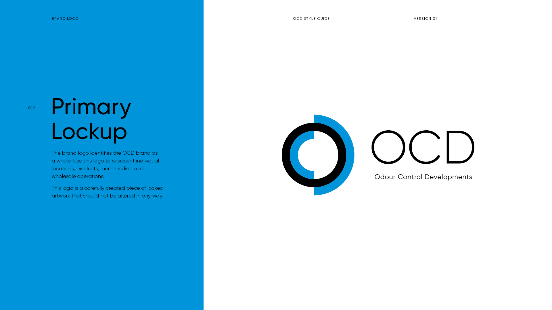 A presentation slide with a blue and white background, displaying a logo, a title 'Primary Lockup', and a description about the OCD brand logo, alongside a circular black and blue logo and the text 'OCD Odour Control Developments'.
