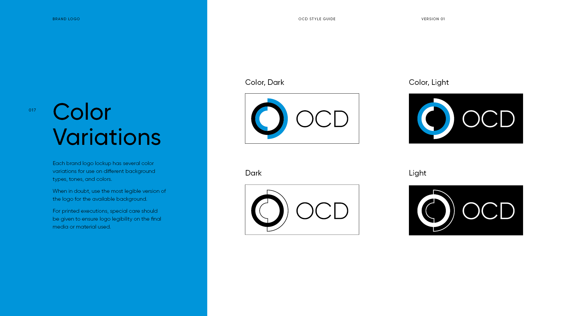 A branding style guide page showing the title 'Color Variations' with instructions, and four logo variations labeled as 'Color, Dark', 'Color, Light', 'Dark', and 'Light'. The logos are circular designs with the letters 'OCD' beside them.