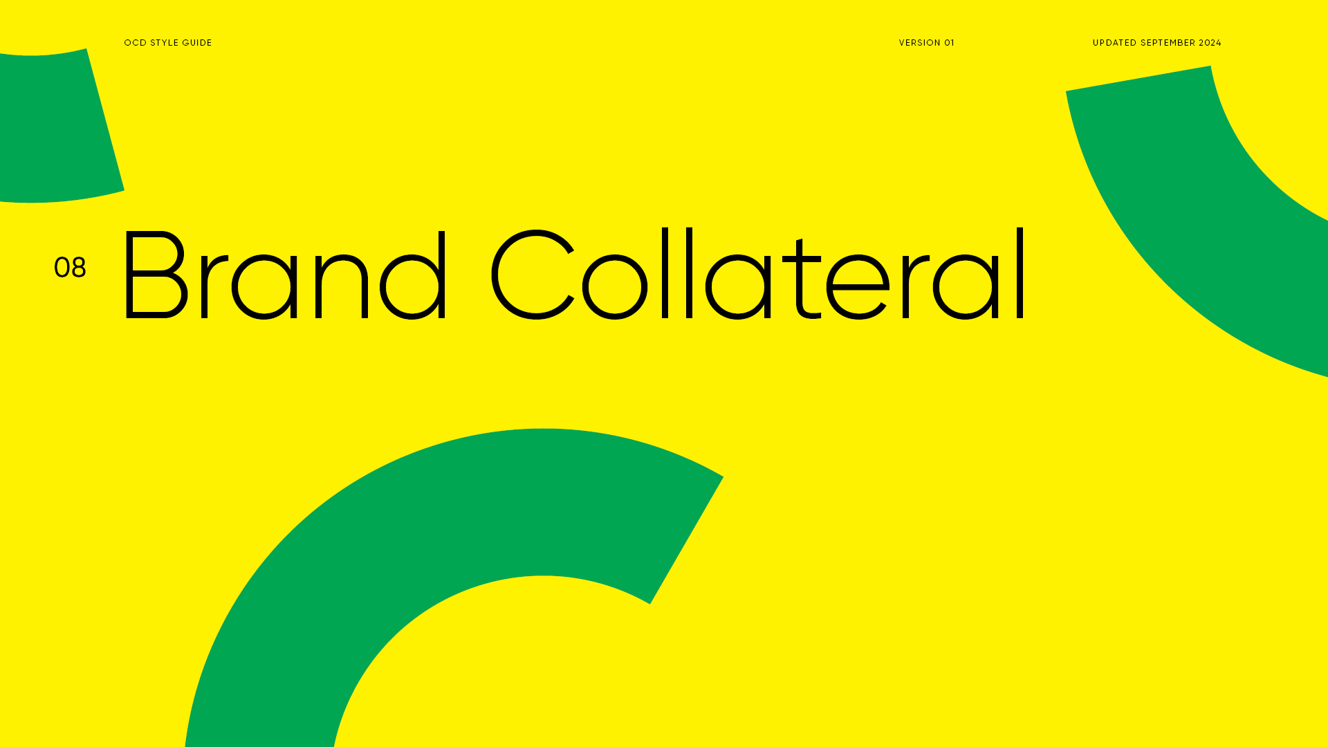 A colorful infographic titled 'Brand Collateral' with a yellow background, large green abstract shapes, and small text indicating it is part of an OCD style guide, version 01, updated September 2024.