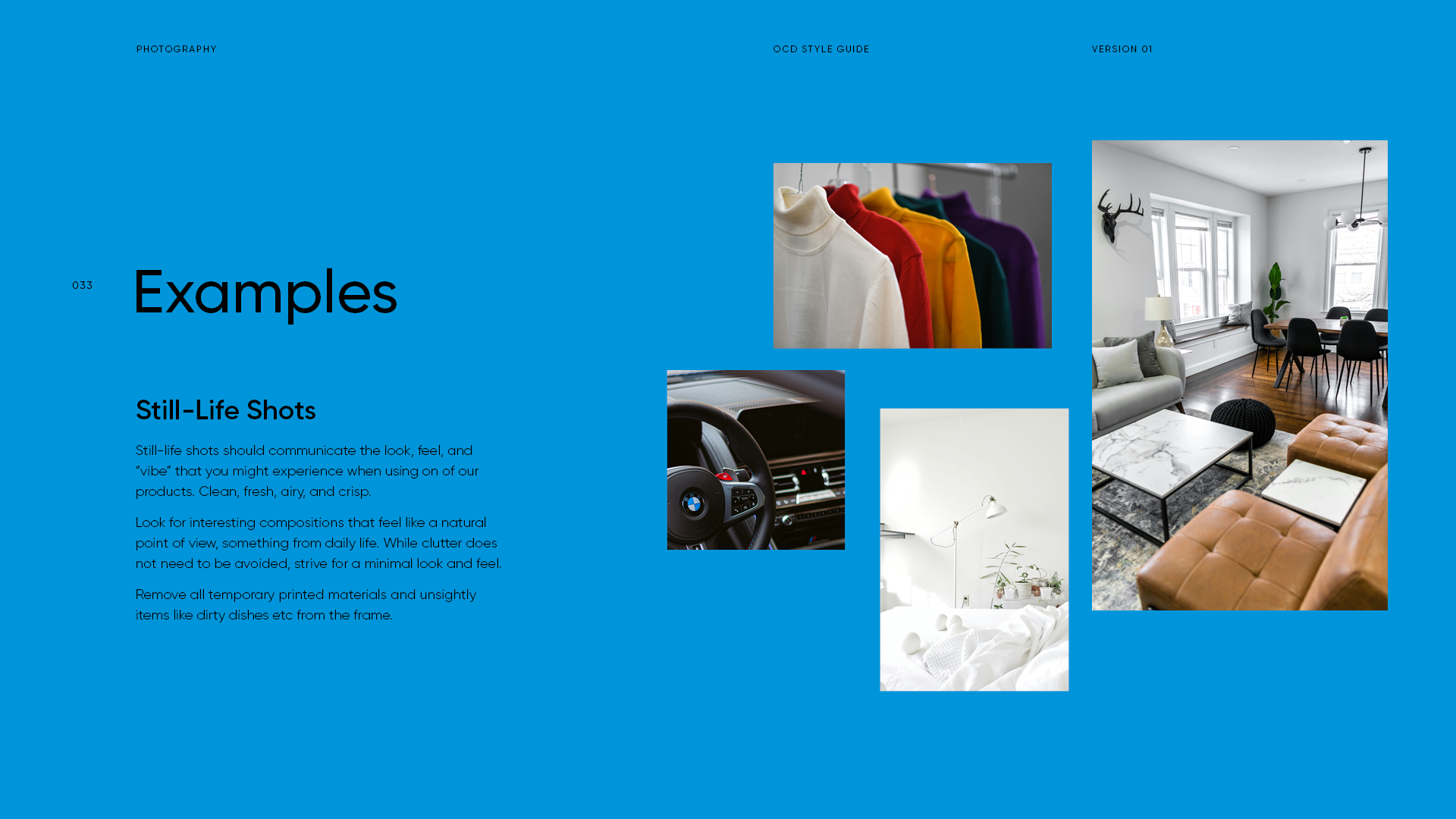 A digital design page titled "Examples" from an OCR style guide, showing four interior and product photographs on a blue background with black text about still-life shot composition.