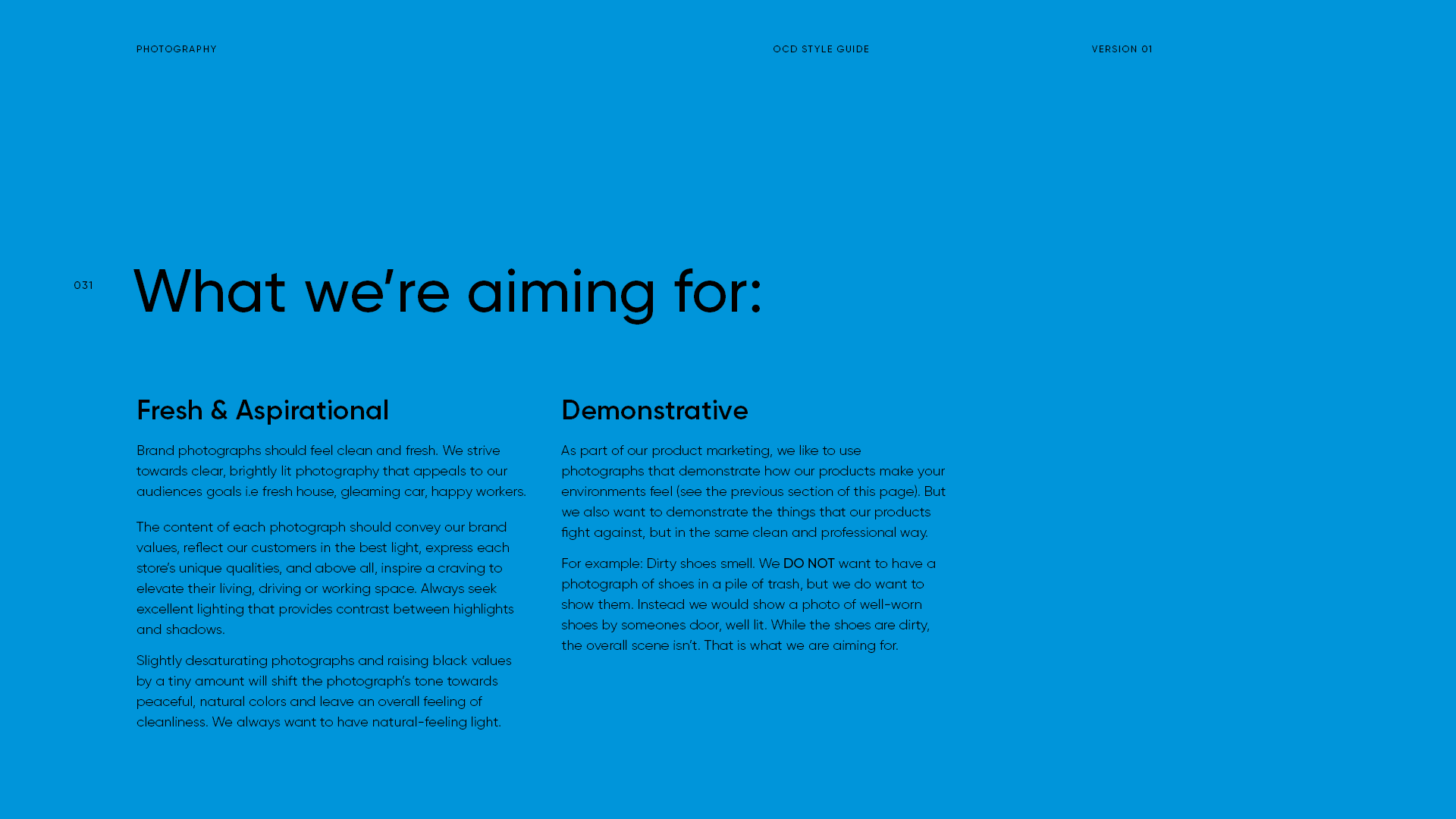 Screenshot of a webpage titled 'What we’re aiming for' with sections 'Fresh & Aspirational' and 'Demonstrative', discussing brand photography goals, on a blue background with a minimalistic design.