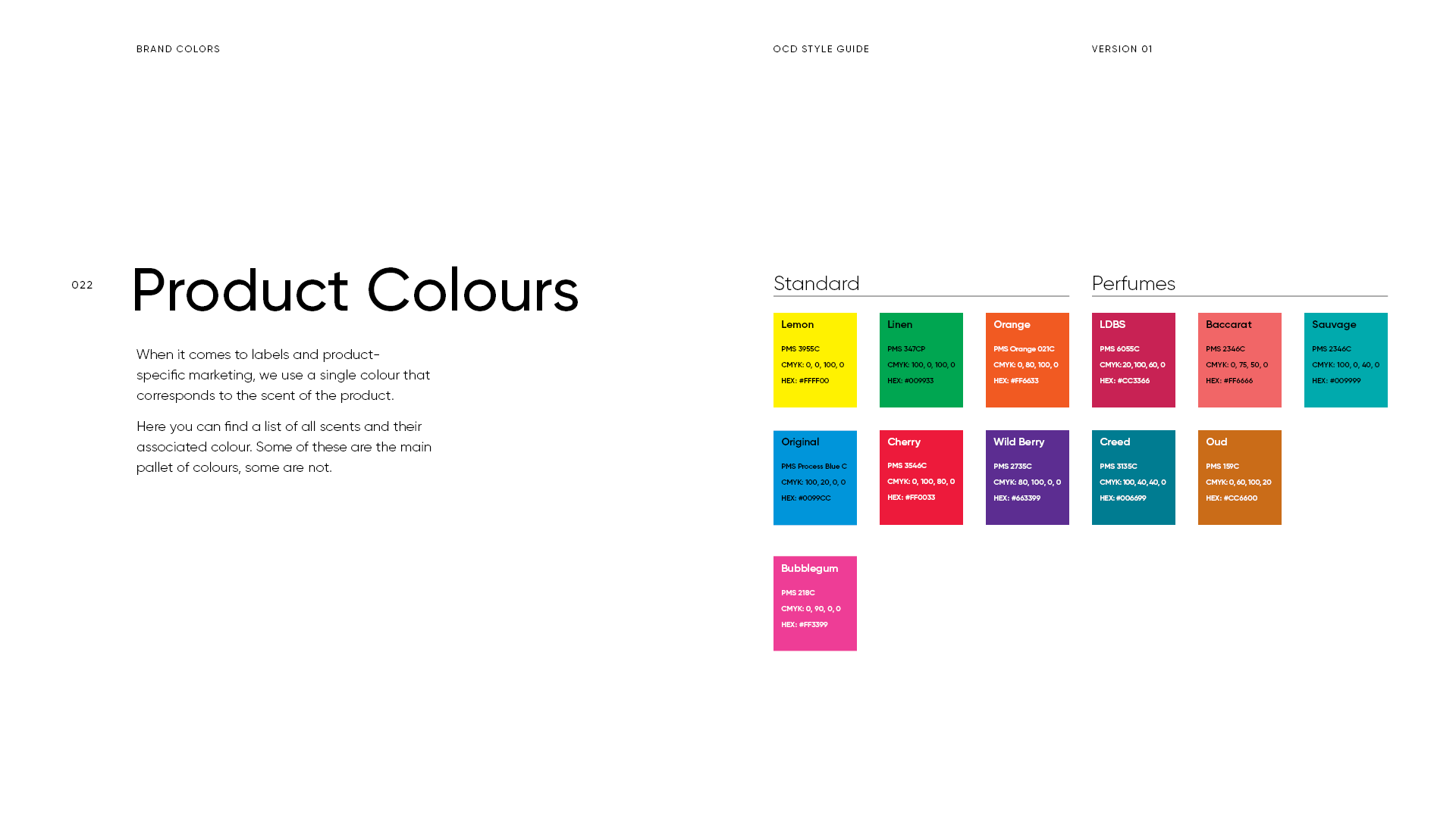 A page from a style guide showing different product colors with their names, color codes, and hex values. The colors include Lemon, Linen, Orange, Lavender, Bacarat, Sauvage, Original, Cherry, Wild Berry, Creed, and Oud, each displayed as a colored s