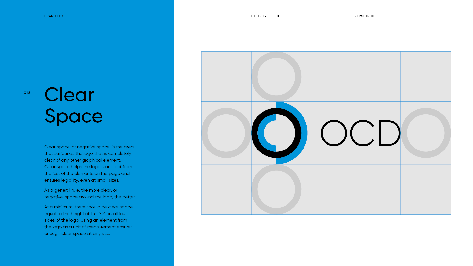 An informational page about clear space in logo design. The left side has a blue background with black text explaining the concept of negative space around a logo. The right side displays a diagram of a logo with surrounding gray circles and a black 