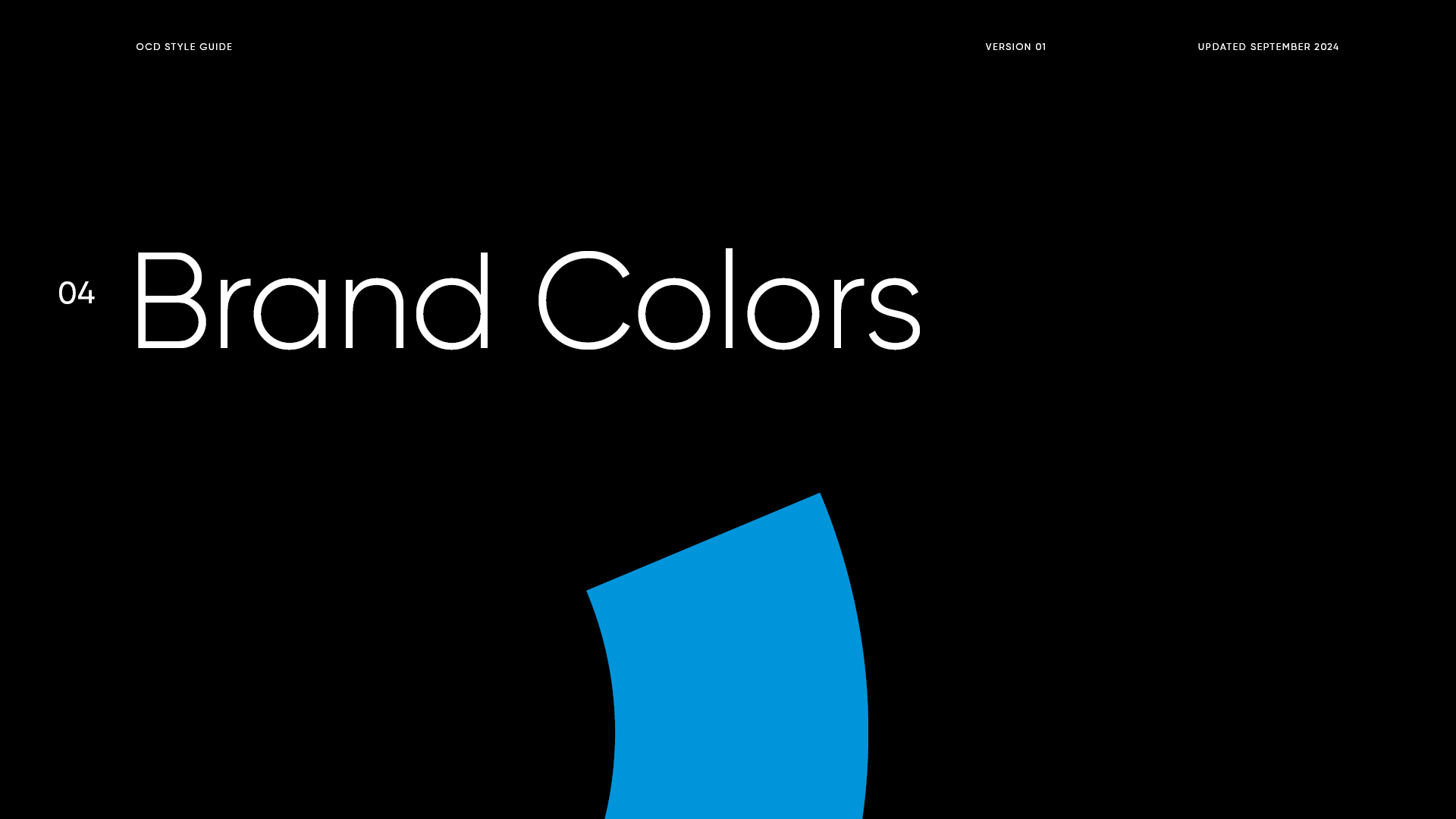 Title page of a style guide titled 'Brand Colors' with a black background and a large blue curved shape.