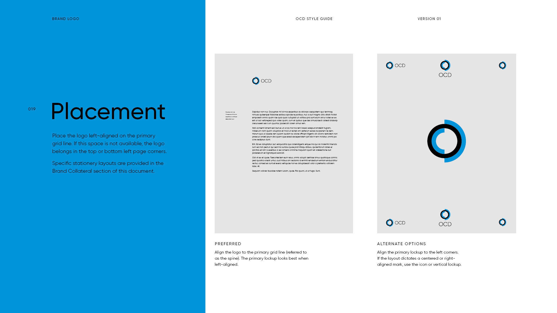 A style guide page for logo placement, showing instructions for positioning a logo on a document, with examples of preferred and alternate placements.
